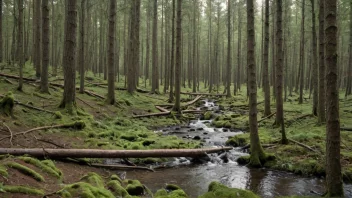 Et fredelig skoglandskap med en blanding av bartre og løvtrær, og en liten bekk som renner gjennom det.