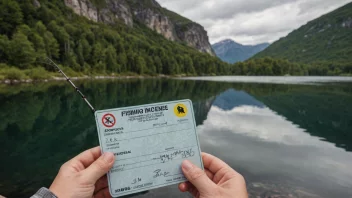 En person som holder en fiskestang og et fiskekort med en prislapp på, stående foran en fredelig innsjø eller elv i Norge.