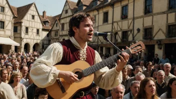 En middelalderminstrel underholder en folkemengde med musikk og historier.