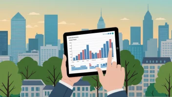 Et bilde som viser en person som analyserer en investeringsplan med en økende trend, mot en bakgrunn av en blomstrende by.