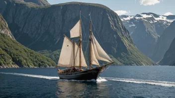 En tradisjonell norsk fiskebåt, kjent som en åtter, seiler i de rolige vannene i en fjord.