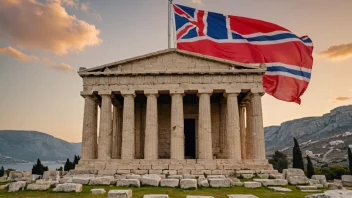 Et bilde av et gammelgresk tempel med et norsk flagg i forgrunnen, som symboliserer forbindelsen mellom det gamle Hellas og Norge.