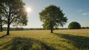 Et landskap med en klar og lys atmosfære, med noen trær og en solfylt himmel