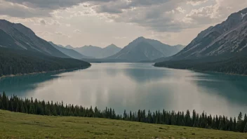 En stor og fredelig innlandssjø med et majestetisk fjellområde i bakgrunnen