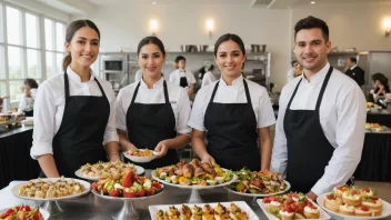 Et team av cateringansatte i uniformer, med et variert utvalg av mat og drikke på et bord, i en arrangementsetting.