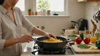 En person som smiler mens de enkelt forbereder et enkelt måltid på kjøkkenet