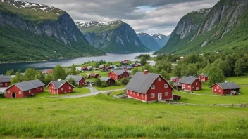 Et pittoreskt norsk landskap med en rød låve eller et trehus.