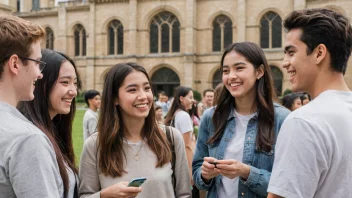 En gruppe studenter fra ulike land samlet sammen, smiler og chatter, med en universitetsbygning i bakgrunnen.