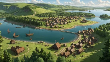 Et bilde av vikingbosetningen i Vinland, som viser områdets naturskjønnhet og vikingenes daglige liv.