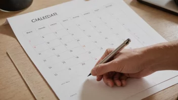 En person sitter ved et skrivebord med en kalender foran seg. De holder en penn og streker over et møte som var planlagt for i dag, og skriver en ny dato i kalenderen.