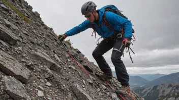 En person som klatrer en bratt fjellskråning med tau og sele, med en pittoresk utsikt over de omkringliggende fjellene i bakgrunnen.