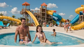 En familie som nyter en strandferie med en svømmehall og vannsklier.