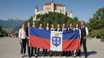 En gruppe mennesker fra Liechtenstein, som smiler og vinker, med et bakgrunn av landets flagg og et slott