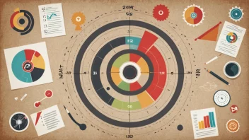 En illustrasjon av et forretningsstrategikonsept med et mål i sentrum og ulike elementer som grafer, diagrammer og tannhjul rundt det.