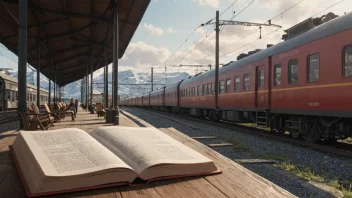 En illustrasjon av en norsk togstasjon med et tog i bakgrunnen, og en stor bok eller dokument i forgrunnen med tittelen 'Jernbaneloven' skrevet på den.