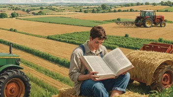 En person leser en ordbok med landbruksbegreper i en landbrukssetting.