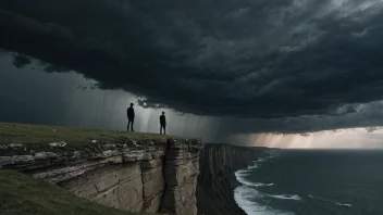 En person som står på kanten av et stup, med en stormfull himmel i bakgrunnen.