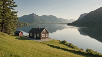 Et fredelig landskap med en innsjø og fjell i bakgrunnen, og en liten hytte med et skilt som leser 'Ambjørgs' i forgrunnen.