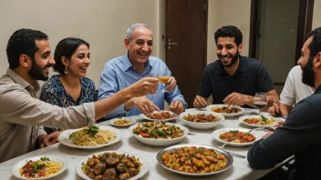 En varm og invitende scene av israelskarabiske mennesker som deler et måltid sammen.