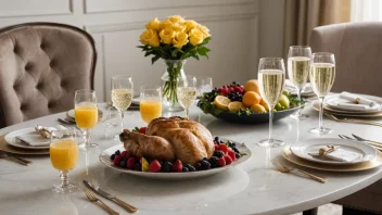 En festlig frokostbord med champagne og en deilig måltid.