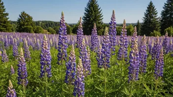 En vakker åker med lupiner og fiolette blomster, omgitt av noen trær og en klar blå himmel