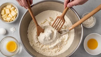 En miksebolle med ingredienser og redskaper for å bake en kake.