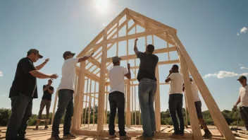 En gruppe mennesker som bygger et hus sammen, med en solfylt himmel i bakgrunnen