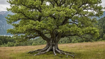 Et valbjerk-tre som står tallet i en norsk skog, med sin karakteristiske hvite bark og blader som raser i vinden.