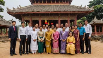 En gruppe mennesker fra Myanmar som står foran en pagode eller tempel.