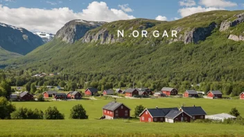 Et idyllisk norsk landskap med en gård eller landsby i bakgrunnen, med et skilt eller et hus med navnet Nordgårds.