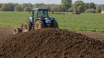 En stor møkkahaug på en åker, med en traktor i bakgrunnen.