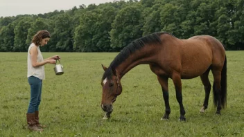 En person fôrer en hest i en grønn eng med en bøtte mat.