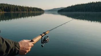 En person som holder en fiskestang med en fisk på kroken, med en subtil bakgrunn av en innsjø eller hav