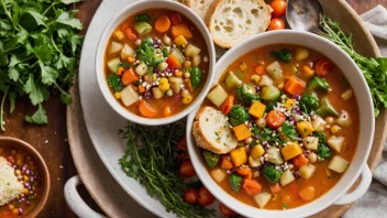 En deilig og sunn grønnsaksuppe, laget med en rekke ferske grønnsaker og en håndfull ferske urter på toppen.