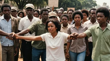 En gruppe mennesker fra ulike rasebakgrunner som står sammen, holder hender og protesterer mot apartheid i Sør-Afrika.