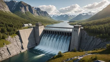 Et vannkraftverk i et norsk landskap, med vann som flyter fra fjellene til turbinene og genererer elektrisitet.