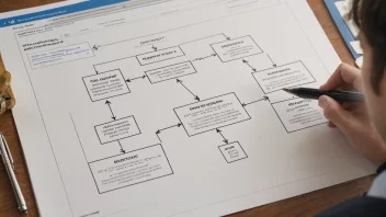 En illustrasjon av en person som sender en rapport til en annen person, med en bakgrunn av en prosessflytdiagram.