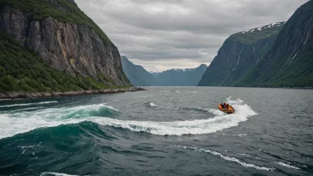 Et malerisk bilde av en kraftig vannstrøm i en norsk fjord, med en liten båt som navigerer gjennom de turbulente vannene.