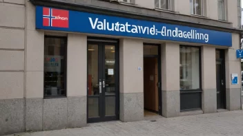 Et bilde av en valutaavdeling med en skilt som sier 'Valutaavdeling' på norsk.