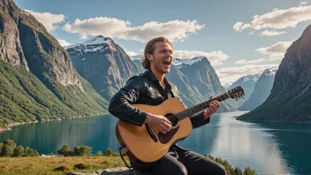 Et bilde av en norsk musiker som spiller gitar og synger, med en bakgrunn av norske fjell og fjorder.