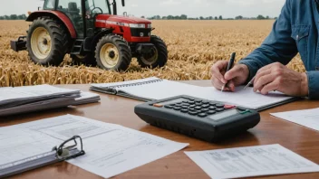 En bonde som arbeider på en åker med en traktor i bakgrunnen, omgitt av papirer og kalkulatorer med en budsjettplan.