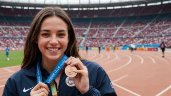 En person som holder en bronsemedalje og smiler, med et stadion eller idrettsanlegg i bakgrunnen.