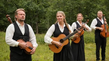 En gruppe musikere som spiller tradisjonelle norske instrumenter, som fele og trekkspill, i en livlig og dynamisk setting.