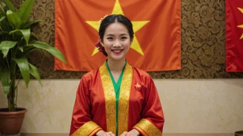 Et foto av en vietnameser i tradisjonelle klær, med et vennlig smil, stående foran et vietnamesisk flagg.