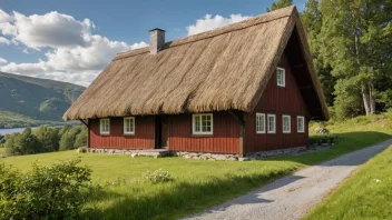 Et tradisjonelt norsk laftehus med stråtak og tømmerstokker, omgitt av et landlig landskap.