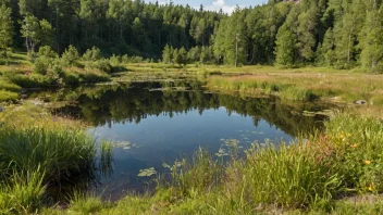 Et fredelig og rolig bilde av et lite vann eller en dam med grunne områder og omkringliggende vegetasjon.