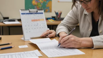 En lærer som vurderer oppgaver ved et skrivebord, med en kalender i bakgrunnen som viser slutten av et semester.