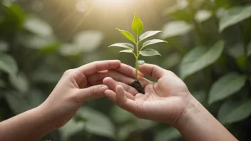 En person som holder et barns hånd, med en subtil bakgrunn av en voksende plante, som symboliserer vekst og omsorg.