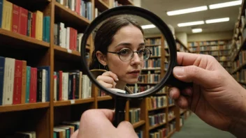 En person som søker etter en bok i et bibliotek.