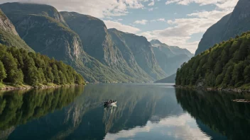 En fredelig scene av en person som fisker i en norsk fjord, med en majestetisk fjellkjede i bakgrunnen.